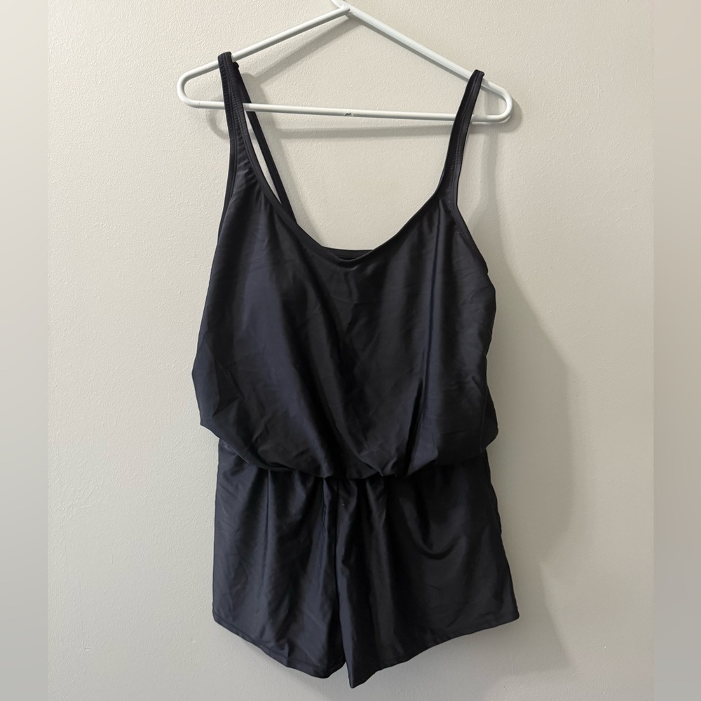 Ellen Tracy Black One Piece Swim Romper Elastic Waist Women’s NEW